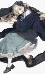Rule 34 | 1girl, arknights, black bow, black eyes, black footwear, black jacket, blonde hair, bow, bowtie, closed mouth, dress, frilled dress, frills, full body, hair bow, hairband, highres, jacket, long hair, long sleeves, looking at viewer, lunch (lunchicken), lying, messy hair, nightingale (arknights), off shoulder, on side, sidelocks, smile, socks, solo, white background, white socks, wide sleeves