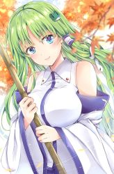 Rule 34 | 1girl, autumn, bare shoulders, blue eyes, blurry, blurry foreground, blush, breasts, broom, closed mouth, collared shirt, commentary request, day, depth of field, detached sleeves, dutch angle, frog hair ornament, fule, green hair, hair ornament, hair tubes, highres, holding, holding broom, kochiya sanae, large breasts, leaf, long hair, long sleeves, looking at viewer, outdoors, shirt, smile, snake hair ornament, solo, tareme, touhou, upper body, white shirt