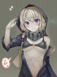 Rule 34 | 10s, 1girl, abyssal ship, bikini, bikini top only, black bra, bra, breasts, fingernails, grin, hood, jacket, kantai collection, looking at viewer, nail polish, navel, o-ring, o-ring top, pale skin, personification, purple eyes, re-class battleship, salute, scarf, short hair, silver hair, smile, solo, swimsuit, underboob, underwear, walzrj