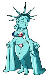 Rule 34 | 1girl, american flag, american flag bikini, ass, bikini, breasts, curvy, feet, female focus, flag print, full body, highres, huge ass, humanization, looking at viewer, simple background, smile, smug, solo, statue, statue of liberty, swimsuit, tansau, undressing