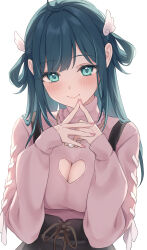 Rule 34 | 1girl, ahoge, amano nene (vtuber), aqua eyes, black hair, black skirt, blue hair, blush, breasts, cleavage, cleavage cutout, closed mouth, clothing cutout, commentary, commission, cross-laced clothes, cross-laced sleeves, dark blue hair, hair rings, half updo, heart cutout, high-waist skirt, highres, index fingers together, jewelry, large breasts, long hair, long sleeves, looking at viewer, nail polish, necklace, pink nails, pink sweater, production kawaii, sidelocks, simple background, skeb commission, skirt, smile, solo, sweater, symbol-only commentary, teti, turtleneck, turtleneck sweater, upper body, virtual youtuber, white background, wing hair ornament, winged heart