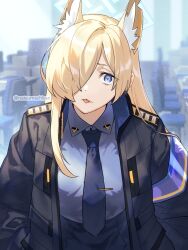 Rule 34 | 1girl, :&lt;, :p, animal ear fluff, animal ears, armband, blonde hair, blue archive, blue eyes, blue halo, blue necktie, blue shirt, blurry, blurry background, collared shirt, cowboy shot, dog ears, extra ears, fang, hair over one eye, halo, jacket, kanna (blue archive), long bangs, long hair, looking at viewer, natsumachisan, necktie, notched ear, open clothes, open jacket, parted bangs, pencil skirt, shirt, shirt tucked in, skin fang, skirt, solo, tie clip, tongue, tongue out, twitter username