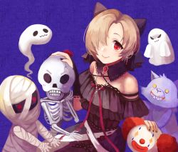 Rule 34 | 1girl, bad id, bad pixiv id, bandages, bare shoulders, black bow, black dress, black gloves, blonde hair, blue background, blush, bow, bridal gauntlets, brooch, closed mouth, clown, collar, dress, ear piercing, earrings, eyelashes, fangs, flower, ghost, gloves, glowing, glowing eyes, grin, hair bow, hair over one eye, hand on another&#039;s head, hands on another&#039;s leg, highres, idolmaster, idolmaster cinderella girls, jewelry, lace, lace-trimmed collar, lace-trimmed dress, lace trim, linked piercing, lips, looking at viewer, multiple piercings, mummy, nail polish, necklace, onigiri (233), piercing, red eyes, red ribbon, ribbon, rose, shirasaka koume, sitting, skeleton, skull earrings, smile, tareme, upper body, wavy mouth, wolf