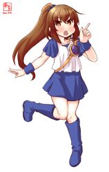 Rule 34 | 1girl, absurdres, arle nadja, arle nadja (cosplay), artist logo, blue skirt, blue wristband, brown eyes, brown hair, chestnut mouth, commentary request, cosplay, dated, full body, fumizuki (kancolle), highres, index finger raised, kanon (kurogane knights), kantai collection, long hair, look-alike, looking at viewer, ponytail, puyopuyo, shirt, short sleeves, simple background, skirt, solo, white background, white shirt, wristband