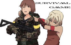 Rule 34 | 1girl, 428, ammunition pouch, androgynous, armband, armpits, averting eyes, bad id, bad pixiv id, bare shoulders, beretta px4 storm, bracelet, buckle, camouflage, canaan (character), canaan (series), chunsoft, cocked hammer, commentary request, flecktarn, gun, gun to head, h&amp;k mp5, h&amp;k mp5k, halterneck, handgun, heckler &amp; koch, holding, holding gun, holding weapon, hostage, jacket, jewelry, military, military jacket, military uniform, pistol, pouch, red armband, shibafu (glock23), short hair, snap-fit buckle, submachine gun, sweatdrop, trigger discipline, uniform, weapon, white hair, yellow armband, yellow eyes