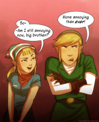 Rule 34 | 1boy, 1girl, aryll, bandana, blonde hair, blue eyes, brother and sister, crossed arms, earrings, english text, fingerless gloves, gloves, jewelry, link, neckerchief, nintendo, pointy ears, ponytail, siblings, the legend of zelda, the legend of zelda: the wind waker, tiuana rui, tunic