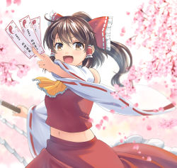 Rule 34 | 1girl, ascot, bare shoulders, blush, bow, brown eyes, brown hair, cherry blossoms, detached sleeves, frilled bow, frills, gohei, hair bow, hair tubes, hakurei reimu, haniwa (leaf garden), highres, medium hair, ofuda, open mouth, petals, red bow, red shirt, red skirt, ribbon trim, shirt, skirt, skirt set, sleeveless, sleeveless shirt, smile, solo, touhou, wide sleeves, yellow ascot