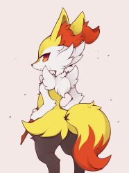 Rule 34 | :&lt;, animal ear fluff, animal ears, ass, body fur, braixen, commentary, creatures (company), english commentary, feet out of frame, fox ears, fox tail, from behind, furry, game freak, gen 6 pokemon, hand on own hip, holding, holding stick, liteee, looking at viewer, looking back, nintendo, pink background, pokemon, pokemon (creature), red eyes, red nose, simple background, slit pupils, solo, standing, stick, tail, tsurime