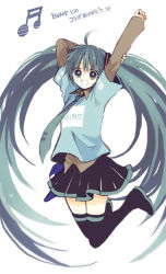 Rule 34 | 1girl, absurdly long hair, ahoge, anzu (o6v6o), aqua eyes, aqua hair, aqua necktie, aqua shirt, arm behind head, arms up, black footwear, black skirt, boots, clenched hand, clothes writing, collared shirt, full body, grey shirt, hand on own arm, hatsune miku, jumping, layered sleeves, long hair, long sleeves, looking at viewer, miniskirt, musical note, necktie, pleated skirt, shirt, short over long sleeves, short sleeves, skirt, solo, thigh boots, thighhighs, tie clip, translation request, twintails, very long hair, vocaloid