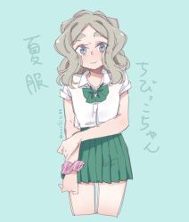 Rule 34 | 1girl, blue background, blue eyes, blush, bow, bowtie, breasts, chibikko (morihito), cropped legs, flat chest, green bow, green bowtie, grey hair, looking at viewer, medium breasts, miniskirt, morihito, original, pleated skirt, school uniform, scrunchie, shirt, short sleeves, simple background, skirt, smile, solo, thick eyebrows, white shirt, wrist scrunchie