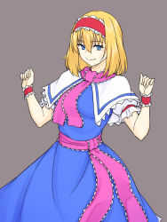 Rule 34 | 1girl, alice margatroid, blonde hair, blue dress, blue eyes, capelet, clenched hands, closed mouth, cowboy shot, dress, frilled ribbon, frills, grey background, hair between eyes, hairband, highres, kakone, lolita hairband, looking at viewer, one-hour drawing challenge, pink scarf, red hairband, ribbon, scarf, short hair, simple background, smile, solo, standing, touhou, white capelet, wrist cuffs