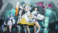 Rule 34 | 4girls, ass, black hair, blue hair, city, closed mouth, contrapposto, copyright request, creature, dress, floating hair, flying, glowing, grey sky, heterochromia, highres, hood, hood down, hooded jacket, jacket, legband, long hair, long sleeves, looking at viewer, microphone, multiple girls, navel, official art, outdoors, pantyhose, puffy long sleeves, puffy sleeves, purple eyes, red eyes, shorts, sky, smile, twintails, very long hair, wasabi60, watermark, white dress, wings, yellow eyes