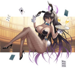 Rule 34 | 1girl, absurdres, alcohol, animal ears, black footwear, black hair, black leotard, blue archive, blurry, blurry background, blush, breasts, card, champagne, champagne flute, cleavage, closed mouth, commentary request, cup, dark-skinned female, dark skin, detached collar, drinking glass, fake animal ears, fake tail, fishnet pantyhose, fishnets, full body, gloves, high heels, highleg, highleg leotard, highres, holding, karin (blue archive), karin (bunny) (blue archive), large breasts, leotard, lips, long hair, morung, pantyhose, playboy bunny, ponytail, rabbit ears, rabbit tail, shiny clothes, shiny skin, simple background, solo, strapless, strapless leotard, tail, tattoo, tray, white gloves, wrist cuffs