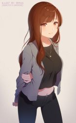Rule 34 | 1girl, arm at side, arm behind back, artist name, black pants, black shirt, borrowed character, breasts, brown background, brown eyes, brown hair, buttons, casual, closed mouth, cowboy shot, gradient background, grey jacket, hand on own arm, jacket, jewelry, leaning forward, long hair, long sleeves, looking at viewer, mature female, medium breasts, navel, necklace, open clothes, open jacket, original, pants, pendant, rimuu, shirt, smile, solo, standing, stomach, swept bangs, tsurime