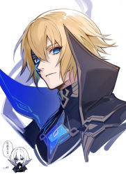 Rule 34 | 1boy, 99plum, blonde hair, blue eyes, closed mouth, commentary request, covering own mouth, cropped shoulders, dainsleif (genshin impact), genshin impact, gloves, hair between eyes, hand over own mouth, high collar, highres, looking at viewer, mask, mask over one eye, multiple views, simple background, translation request, white background