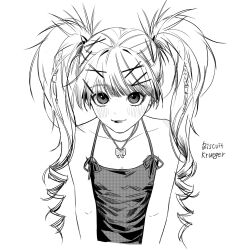 Rule 34 | 1girl, alternate hairstyle, bare shoulders, biscuit krueger, blush, braid, character name, closed mouth, collarbone, commentary request, drill hair, greyscale, hair ornament, hair tubes, hairclip, halterneck, highres, hunter x hunter, jewelry, killua0u0, korean commentary, lipstick, long hair, looking at viewer, makeup, monochrome, necklace, simple background, sleeveless, smile, solo, twin braids, twin drills, twintails, upper body, x hair ornament