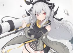 Rule 34 | 1girl, arknights, bare shoulders, closed mouth, detached sleeves, dress, hairband, highres, long hair, matchadzuke, red eyes, short dress, silver hair, simple background, sleeveless, sleeveless dress, solo, very long hair, weedy (arknights), white background