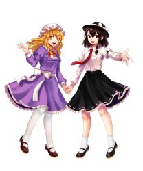 Rule 34 | 2girls, arm belt, black eyes, black footwear, black hair, black headwear, black skirt, blonde hair, bow, bowtie, breasts, brown footwear, collared dress, collared shirt, commentary request, dress, fedora, frilled dress, frilled skirt, frills, full body, happy, hat, hat bow, holding hands, juliet sleeves, korean commentary, kuya (hey36253625), long hair, long sleeves, looking at viewer, maribel hearn, mary janes, medium hair, mob cap, multiple girls, necktie, open mouth, outstretched arm, pantyhose, pocket, puffy sleeves, purple dress, red bow, red bowtie, red necktie, sash, shirt, shoes, simple background, skirt, small breasts, socks, standing, tie clip, touhou, usami renko, white background, white bow, white headwear, white legwear, white sash, white shirt, yellow eyes