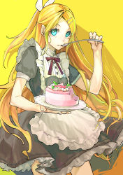 Rule 34 | 1girl, aged up, apron, aqua eyes, black dress, blonde hair, bow, cake, commentary, contrapposto, cowboy shot, cream, dress, eating, food, frilled dress, frills, future style (module), hair bow, hair ornament, hairclip, highres, holding, holding cake, holding food, holding spoon, kagamine rin, long hair, looking at viewer, maid apron, mint, neck ribbon, red ribbon, ribbon, short sleeves, solo, spoon, swept bangs, very long hair, vocaloid, white bow, whiteskyash, yellow background