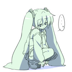 Rule 34 | ..., 1girl, green theme, hatsune miku, long hair, monochrome, oka (bananashoe), simple background, sketch, solo, squatting, twintails, very long hair, vocaloid, white background