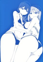 Rule 34 | 2girls, absurdres, ass, back, bare arms, bare legs, bikini, black bikini, blue theme, blunt bangs, breasts, closed mouth, collarbone, expressionless, flat chest, from below, hair over shoulder, hand on another&#039;s hip, harukana receive, highres, large breasts, looking at viewer, medium hair, monochrome, multiple girls, navel, nyoijizai, shoulder blades, sideboob, simple background, swimsuit, thighs