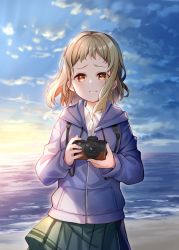Rule 34 | 1girl, absurdres, brown eyes, brown hair, camera, camera around neck, closed mouth, cloud, cloudy sky, collared shirt, drawstring, dress shirt, forehead, grey skirt, highres, holding, holding camera, hood, hood down, hooded jacket, horizon, jacket, looking at viewer, meito (maze), ocean, original, outdoors, pleated skirt, purple jacket, shirt, skirt, sky, smile, solo, sunset, water, white shirt
