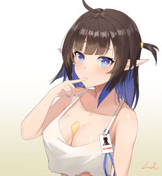 Rule 34 | 1girl, ahoge, arknights, bare arms, bare shoulders, beige background, between breasts, black hair, blue eyes, blue hair, blue nails, blush, breasts, camisole, cheese, commentary request, crop top, crop top overhang, eunectes (arknights), eunectes (forgemaster) (arknights), finger in own mouth, food, food between breasts, gradient background, hand up, highres, large breasts, looking at viewer, multicolored hair, nail polish, official alternate costume, one side up, pointy ears, rinfuyu (user evju4752), short hair, solo, spaghetti strap, upper body, white background