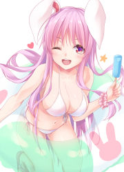 Rule 34 | 1girl, ;d, animal ears, bad id, bad pixiv id, bare arms, bare shoulders, bikini, blush, breasts, commentary request, food, front-tie bikini top, front-tie top, hand up, heart, hisae (hisae collect), holding, holding food, innertube, kneeling, large breasts, leaning forward, long hair, looking at viewer, navel, one eye closed, open mouth, popsicle, purple hair, rabbit ears, red eyes, reisen udongein inaba, sandals, scrunchie, simple background, smile, solo, star (symbol), stomach, swim ring, swimsuit, thighs, touhou, very long hair, white background, white bikini, wrist scrunchie