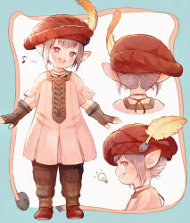 Rule 34 | 1girl, :d, beret, blue border, border, brown gloves, brown pants, dress, elbow rest, final fantasy, final fantasy xiv, fingerless gloves, full body, gloves, grin, hat, hat feather, highres, lalafell, light bulb, looking at viewer, mugi kosuta, multiple views, music, open mouth, outside border, pants, pink dress, pink eyes, pink hair, pointy ears, profile, red footwear, red hat, short hair, simple background, smile, standing, tataru taru, white background