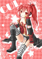 Rule 34 | 1girl, boots, cul, garter belt, headphones, long hair, nail polish, ponytail, red eyes, red hair, shorts, sitting, smile, solo, striped clothes, striped thighhighs, thighhighs, vocaloid, yayoi (egoistic realism)