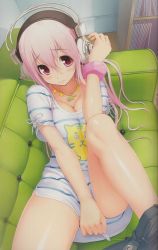 Rule 34 | 1girl, back, blush, bookshelf, bracelet, breasts, cleavage, clothes pull, couch, covering privates, crotch, headphones, jewelry, lying, necklace, nitroplus, pants, pants pull, pink theme, santa costume, shirt pull, solo, super sonico, tsuji santa