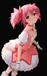 Rule 34 | 1girl, absurdres, black background, blush, bow, bubble skirt, choker, closed mouth, collarbone, commentary, dress, from above, gloves, hair between eyes, hair bow, highres, kaname madoka, kirarin369, kneehighs, looking at viewer, looking up, magical girl, mahou shoujo madoka magica, mahou shoujo madoka magica (anime), pink dress, pink hair, puffy short sleeves, puffy sleeves, red bow, red choker, red eyes, short dress, short hair, short sleeves, short twintails, sidelocks, simple background, skirt, socks, solo, soul gem, standing, twintails, white gloves, white socks