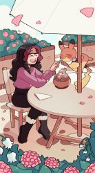 Rule 34 | 1girl, absurdres, bell, black footwear, black pants, blush, boots, braid, brown hair, chair, closed eyes, commentary, commission, creatures (company), day, english commentary, feeding, flower, food, full body, game freak, gen 1 pokemon, glasses, highres, holding, holding spoon, long hair, long sleeves, magicact, neck bell, nintendo, open mouth, original, outdoors, pants, petals, pikachu, pink flower, pink shirt, pokemon, pokemon (creature), shirt, sitting, smile, spoon, table, umbrella
