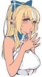 Rule 34 | 1girl, blonde hair, breasts, brown eyes, cleavage, cleavage cutout, clothing cutout, cropped torso, dark-skinned female, dark skin, eyebrows hidden by hair, hair behind ear, highres, hololive, large breasts, looking at viewer, pointy ears, ponytail, puckered lips, sazare (sazare az), shiranui flare, shiranui flare (1st costume), sketch, solo, upper body, virtual youtuber, white background