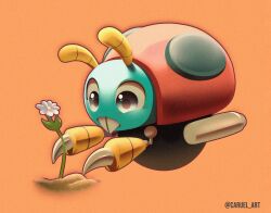 Rule 34 | antennae, armor, blue armor, bug, caruel art, claws, exhaust pipe, fangs, flower, grey eyes, highres, moto bug, no humans, non-humanoid robot, orange background, red armor, robot, robot animal, simple background, sonic (series), wheel, yellow armor