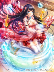 Rule 34 | 1girl, black hair, blue eyes, breasts, cleavage, closed mouth, dress, female focus, fish, floral print, frilled skirt, frills, hair ornament, hobak, long hair, long sleeves, looking at viewer, skirt, smile, solo, straight hair, sword girls, thighhighs, water, white thighhighs, zettai ryouiki