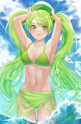 Rule 34 | 1girl, armpits, arms up, ball, beachball, bikini, breasts, carrying overhead, contrapposto, cookie run, cowboy shot, floating hair, food, fruit, green bikini, green eyes, green hair, green theme, hair ornament, highres, humanization, lime (fruit), lime cookie, long hair, navel, ol nang, original, parted lips, sarong, see-through, simple background, sky, small breasts, solo, standing, swept bangs, swimsuit, thigh gap, twintails, very long hair, water