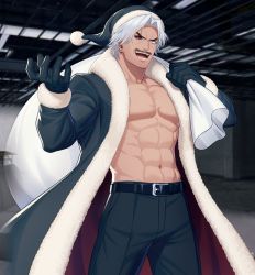Rule 34 | 1boy, abs, arm up, artificial eye, bara, belt, black pants, blue eyes, blurry, blurry background, coat, earrings, facial hair, fur-trimmed coat, fur trim, gloves, hat, jewelry, kuren, large pectorals, looking at viewer, male focus, mature male, mechanical eye, muscular, muscular male, mustache, navel, omega rugal, open mouth, pants, pectoral cleavage, pectorals, rugal bernstein, santa costume, santa hat, short hair, solo, the king of fighters, white hair