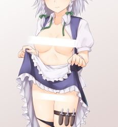 Rule 34 | 1girl, apron, black panties, blue skirt, blue vest, bow, braid, breasts, censored, clothes lift, collarbone, commentary request, cowboy shot, frilled apron, frills, green bow, green ribbon, grey background, groin, hair bow, head out of frame, holster, izayoi sakuya, knife, lifted by self, maid apron, medium breasts, miniskirt, miyo (ranthath), open clothes, open shirt, panties, panty pull, petticoat, puffy short sleeves, puffy sleeves, ribbon, shirt, short sleeves, silver hair, simple background, skirt, skirt lift, skirt set, solo, standing, thigh holster, thighs, touhou, twin braids, underwear, vest, waist apron, white apron, white shirt, wrist cuffs