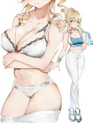 Rule 34 | absurdres, arms under breasts, bare shoulders, blonde hair, blue eyes, blush, bra, breasts, cleavage, close-up, closed mouth, clothes pull, commentary, crop top, english commentary, full body, genshin impact, halterneck, halterneck, highres, jean (genshin impact), large breasts, lingerie, looking at viewer, midriff, navel, panties, pants, pants pull, tight clothes, tight pants, towel on one shoulder, underwear, white bra, white panties, white pants, wristband, yztp (sanmery)