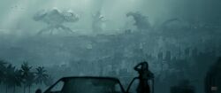 Rule 34 | 1other, blurry, blurry foreground, car, character request, city, cityscape, dated, giant, giant monster, gigan, godzilla, godzilla (series), halil ural, highres, kaijuu, looking afar, monster, mothra, motor vehicle, palm tree, reflection, scenery, signature, tree, urban, windshield