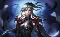 Rule 34 | 1girl, absurdres, aranea highwind, armor, breasts, cape, castle, cleavage, expressionless, feathers, final fantasy, final fantasy xv, highres, looking at viewer, night, rain, rena illusion, silver hair, solo