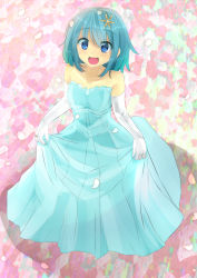 Rule 34 | 10s, 1girl, :d, alternate costume, bare shoulders, blue eyes, blue hair, dress, elbow gloves, gloves, hair ornament, hairclip, highres, jewelry, mahou shoujo madoka magica, mahou shoujo madoka magica (anime), matching hair/eyes, miki sayaka, open mouth, petals, ring, short hair, smile, solo, sonyntendo