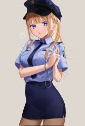 Rule 34 | 1girl, :o, ?, aoba miu, black pantyhose, blue eyes, blue hat, blue necktie, blue shirt, blue skirt, blunt bangs, blush, breast pocket, breasts, chigusa minori, collared shirt, commentary request, corrupted twitter file, cuffs, finger gun, grey background, handcuff dangle, handcuffs, hat, highres, light brown hair, long hair, looking at viewer, medium breasts, miniskirt, nail polish, necktie, open mouth, original, pantyhose, pocket, police, police hat, police uniform, policewoman, shirt, shirt tucked in, short sleeves, side slit, sidelocks, simple background, skirt, solo, speech bubble, spoken question mark, sweatdrop, uniform