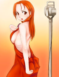 Rule 34 | 00s, 1girl, back, bad id, bad pixiv id, breasts, butt crack, dress, halterneck, halterneck, large breasts, long hair, microphone, microphone stand, minna-dietlinde wilcke, orange hair, red eyes, ribs, scharfschutze, sideboob, solo, strike witches, world witches series