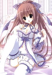 Rule 34 | 1girl, :d, absurdres, babydoll, bed, bed sheet, blue eyes, blush, bow, breasts, brown hair, cleavage, frilled thighhighs, frills, hair bow, head tilt, highres, indoors, inugami kira, knee up, looking at viewer, no panties, on bed, open mouth, pillow, ponytail, sitting, smile, solo, thighhighs, white babydoll, white thighhighs
