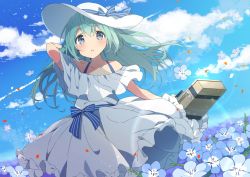 Rule 34 | 1girl, bare shoulders, collarbone, dress, flower, green hair, hat, hat ribbon, holding, holding suitcase, long hair, looking at viewer, mochigome (ununquadium), nemophila (flower), original, parted lips, ribbon, solo, suitcase, white dress