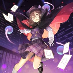 Rule 34 | 1girl, absurdres, black footwear, bow, brown eyes, brown hair, building, cape, city lights, cityscape, clothes writing, commentary request, cross, falken (yutozin), fedora, floating cape, glasses, gloves, hat, hat bow, highres, huge filesize, long sleeves, looking at viewer, medium skirt, occult ball, open mouth, plaid, plaid skirt, plaid vest, pleated skirt, purple skirt, purple vest, runes, semi-rimless eyewear, shoes, skirt, socks, solo, square, star (symbol), teeth, touhou, under-rim eyewear, upper teeth only, usami sumireko, vest, white gloves, white socks, zener card