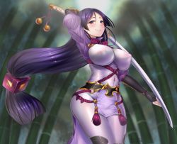 Rule 34 | 1girl, arm up, blush, breasts, covered navel, curvy, doyouwantto, covered erect nipples, fate/grand order, fate (series), huge breasts, long hair, looking at viewer, low-tied long hair, minamoto no raikou (fate), purple eyes, purple hair, smile, solo, standing, sword, thick thighs, thighs, very long hair, weapon, wide hips