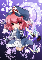 Rule 34 | 1girl, bug, butterfly, cherry blossoms, chibi, clog sandals, deformed, female focus, frills, hair ribbon, highres, insect, japanese clothes, okobo, petals, pink eyes, pink hair, ribbon, ryusou, saigyouji yuyuko, sandals, short hair, solo, touhou, triangular headpiece, wide sleeves